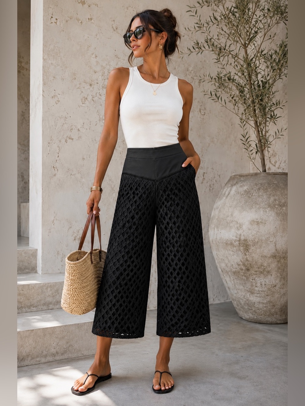 INITIAL Black Lattice Wide Leg Culotte Pants| See measurements